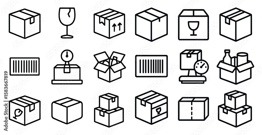 Poster set of boxes and a glass with a label that says fragile. the boxes are of different sizes and shapes