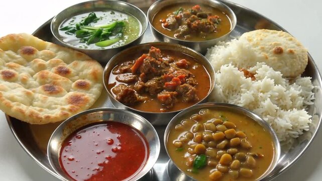 Indian thali meal food lunch dinner cuisine rice bread curry vegetable delicious plate traditional typical indian food.