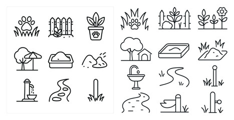Set of icons for a garden theme. The icons include a dog, a cat, a bird, a tree, a house, a bird bath, a bird feeder, a birdhouse, a bird cage, a bird bath
