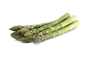 A bundle of fresh green asparagus spears on a white background.