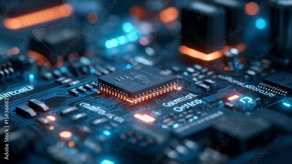 Poster close up of a modern electronic circuit board featuring a central processing unit - cpu - , glowing 