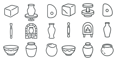 Collection of pottery items including bowls, vases, and a bowl with a handle. The items are all drawn in a simple, stylized way