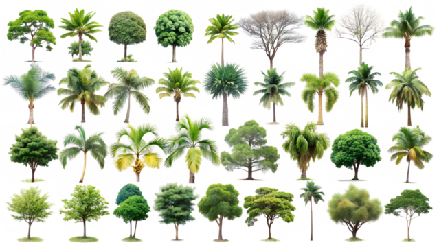 A vast collection of diverse tree illustrations, ranging from leafy deciduous trees to tall palm trees, is arranged on a white background.