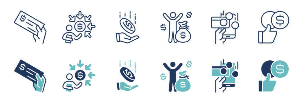 business profit earning icon line set success finance passive income achievement hand holding salary paycheck dollar coin vector illustration people commission gain money symbol design