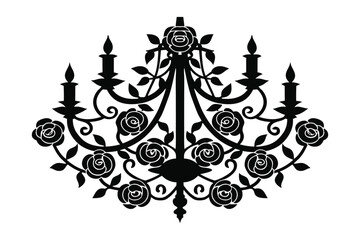 Elegant black silhouette chandelier adorned with roses and leaves