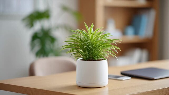 Green Office Oasis: A vibrant houseplant in a modern white pot graces a well-lit desk, seamlessly integrating nature's serenity with the functionality of a contemporary workspace.