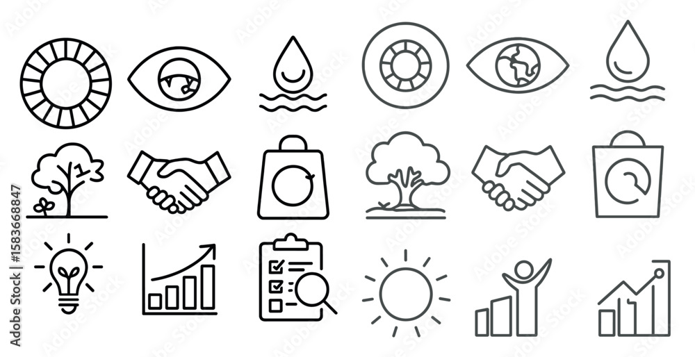 Poster set of icons that include a tree, a tree with a bag, a tree with a hand, a tree with a hand and a tr