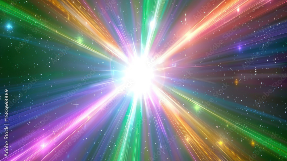 Poster abstract light burst with colorful rays spreading across a cosmic background of stars and nebulae in
