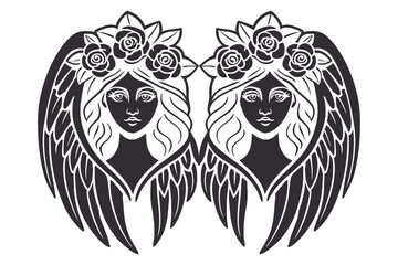 Symmetrical angelic faces adorned with roses and wings