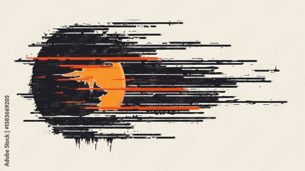 Poster abstract representation of a stylized sunset with dynamic lines and vibrant colors on a light backgr