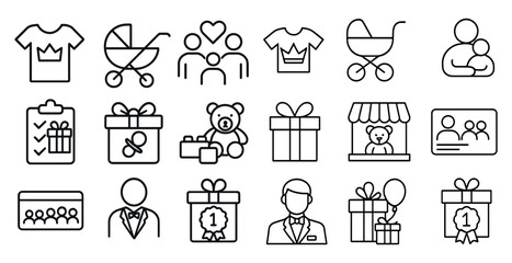 Set of icons for various gifts and presents, including a teddy bear, a baby stroller, and a baby gift card