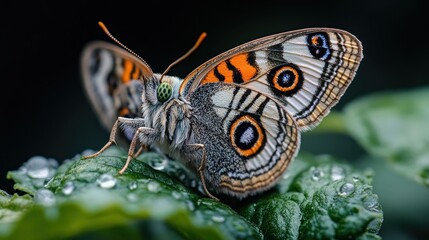 Close-up of a butterfly on a dewy leaf