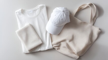 The stylish white apparel set including a shirt, cap, and tote bag.