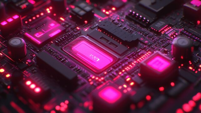 Close-up circuit board, glowing pink