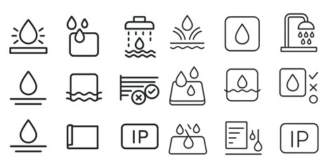 The image is a collection of various water-related icons, including a shower, a sink, and a faucet