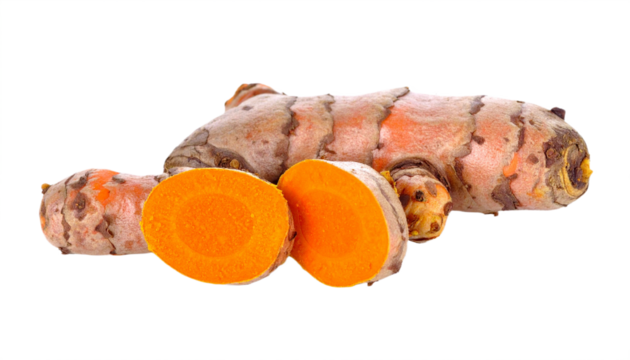 Brightly colored turmeric root sections sit on a transparent background, highlighting the spice's vivid orange hue and natural textures.