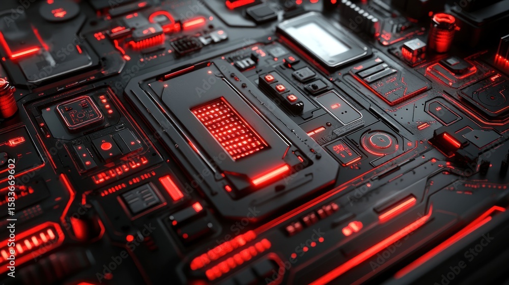 Poster close-up of a futuristic circuit board with glowing red components