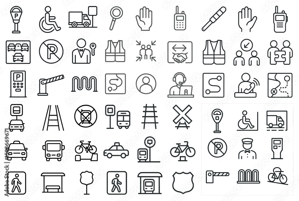 Poster collection of icons for various transportation modes and services. the icons include a bus, a bicycl