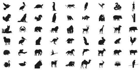 Animal Silhouettes In Icon Set. Wildlife And Domestic Animal Symbol Collection. Environmental And Educational Use. Isolated Vector Illustration