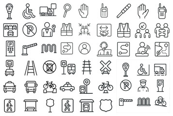Collection of icons for various transportation modes and services. The icons include a bus, a bicycle, a car, a taxi, a truck, a police officer, a traffic light, a parking meter, and a hand