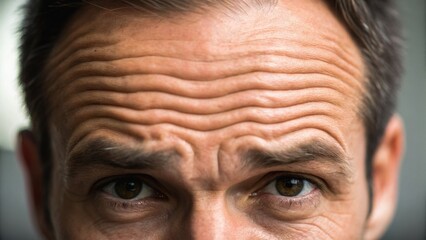 Close-up of a mature man's forehead showing deep wrinkles and expressive brown eyes with a concerned or thoughtful expression.