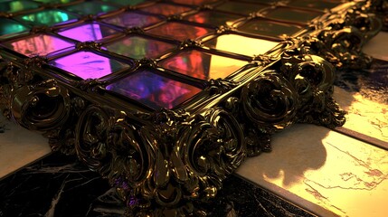 Ornate golden frame with colorful reflections