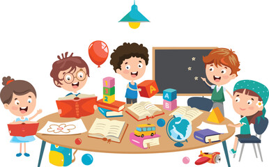 Happy Multicultural Kids Learning Together Around a Table: Diverse Children with Books, Globe, and Toys, Celebrating Education and Friendship