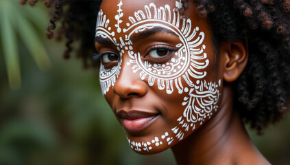 Portrait of an African woman with a painted face with national patterns , ritual,