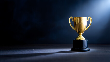 Achievement Unveiled Golden Trophy Spotlight, symbolizing success and recognition under focused light.