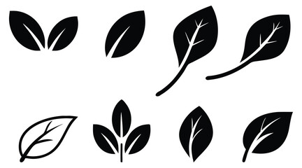 Seven leaf icons in black offer a simple, clean design for nature and organic concepts.