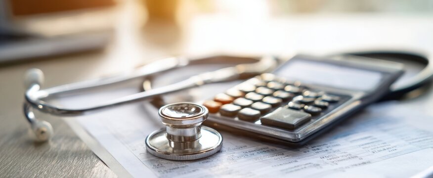 The stethoscope and calculator on medical paperwork for financial analysis
