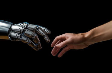 Fototapeta premium A human hand extends intentionally toward a robotic arm, symbolizing the interaction between humans and technology. The background is completely dark, emphasizing the contrast