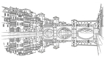 Fototapeta premium An illustration of a bridge over water, reflecting surrounding buildings.
