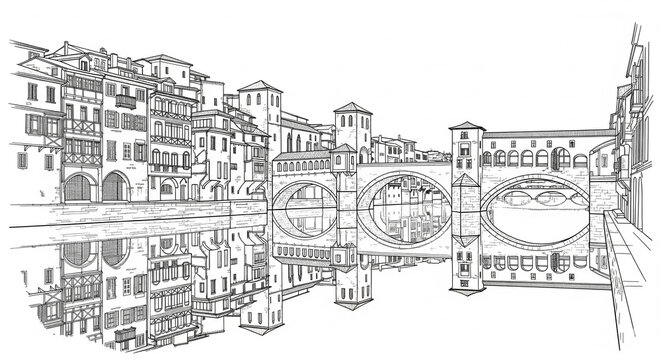 An illustration of a bridge over water, reflecting surrounding buildings.