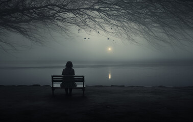 A lone figure sits on a wooden bench beside a serene, mist-covered lake during early morning hours. The soft light of dawn breaks through the fog, illuminating the waters surface. 