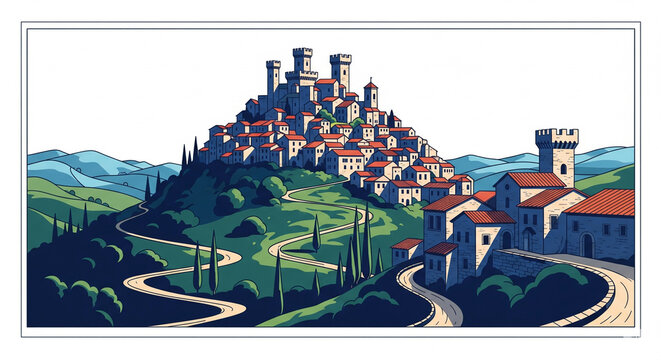 Illustration of a hilltop village with winding roads, featuring towers and houses under a bright sky.