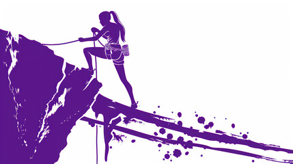 Female climber navigating steep rock wall using safety rope in vibrant purple silhouette graphic against white background for adventure sports themes
