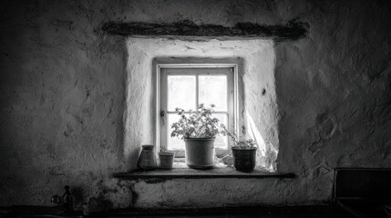 Old window, plants, rustic wall