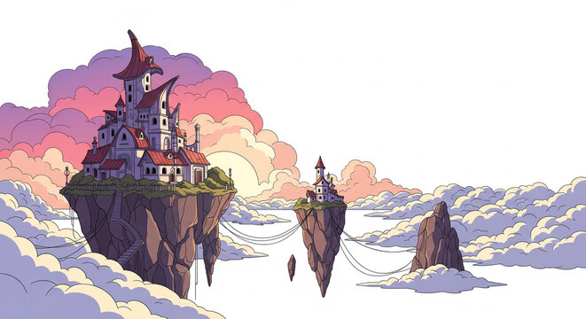 A whimsical castle sits atop a floating island connected by rope bridges amidst a sea of clouds at sunset.