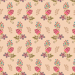 Abstract seamless color full paisley flower leaf bunch pattern cream background design