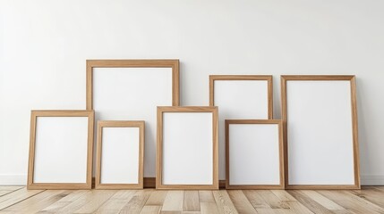 A simple, realistic picture shows empty wooden frames (A3 and A4 sizes) on a white wall and wooden floor.  It's a design template.
