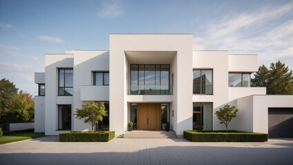 Modern Architectural Marvel, Luxury Residence, Urban Neighborhood, Photograph, Daylight, Front View, Contemporary Design