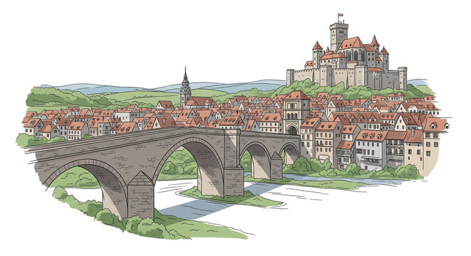 A detailed illustration of a medieval town with a stone bridge and castle on a hill.