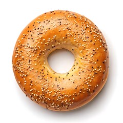 Delicious fresh sesame seed bagel on a white background, top view
