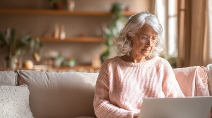 The elderly woman enjoying her time on a laptop in a cozy living room.