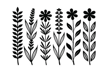 Stylized black and white botanical illustration of flowers and leaves