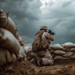 Soldier kneeling behind sandbags in combat scene