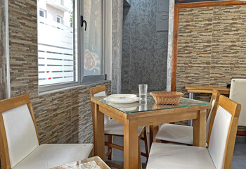 Uncleaned table in a cafe, empty dishes, after eating