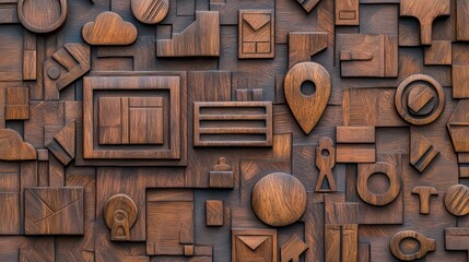 legal intellectual property authority concept. Textured wood panel with various shapes and icons.