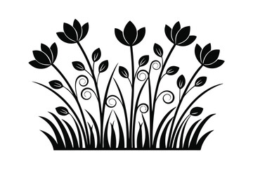 Elegant black silhouette of tulips and swirling greenery